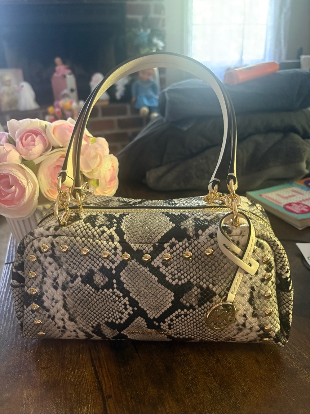 Michael Kors Black & Cream Snake-Print Shoulder Bag with Gold Hardware